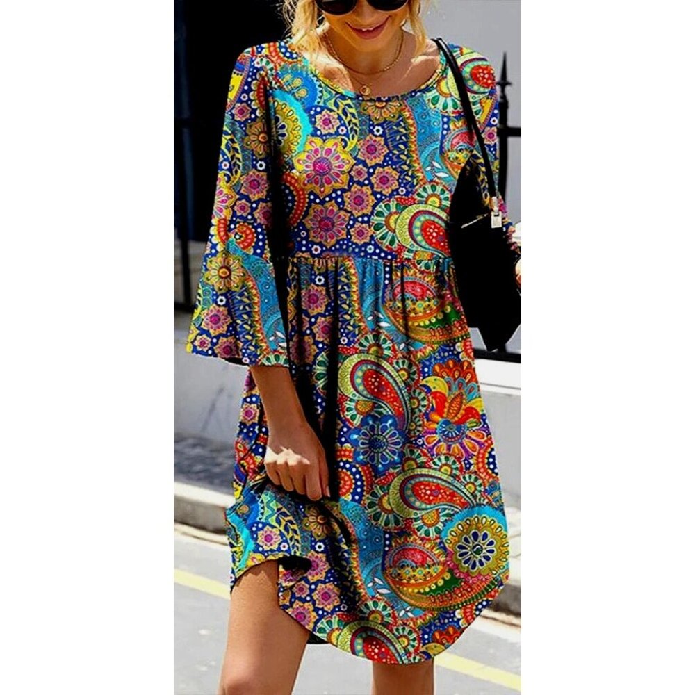 EVEPES Mini Dress M Retro Floral Paisley Empire Waist Babydoll Bell Sleeve‎ USA